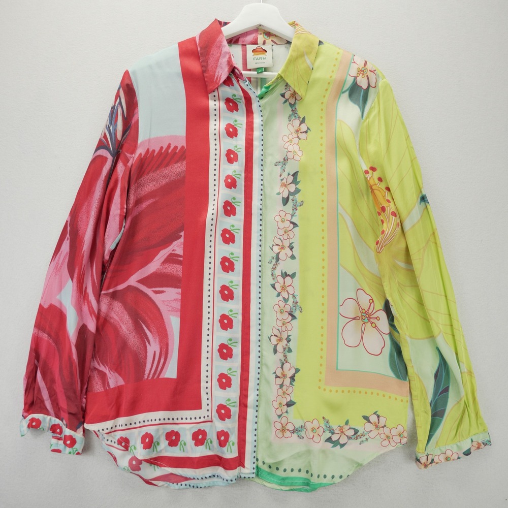 Farm Rio Shelby Buttondown Mixed Floral Print Long Sleeve Blouse Green Red M - Picture 2 of 8